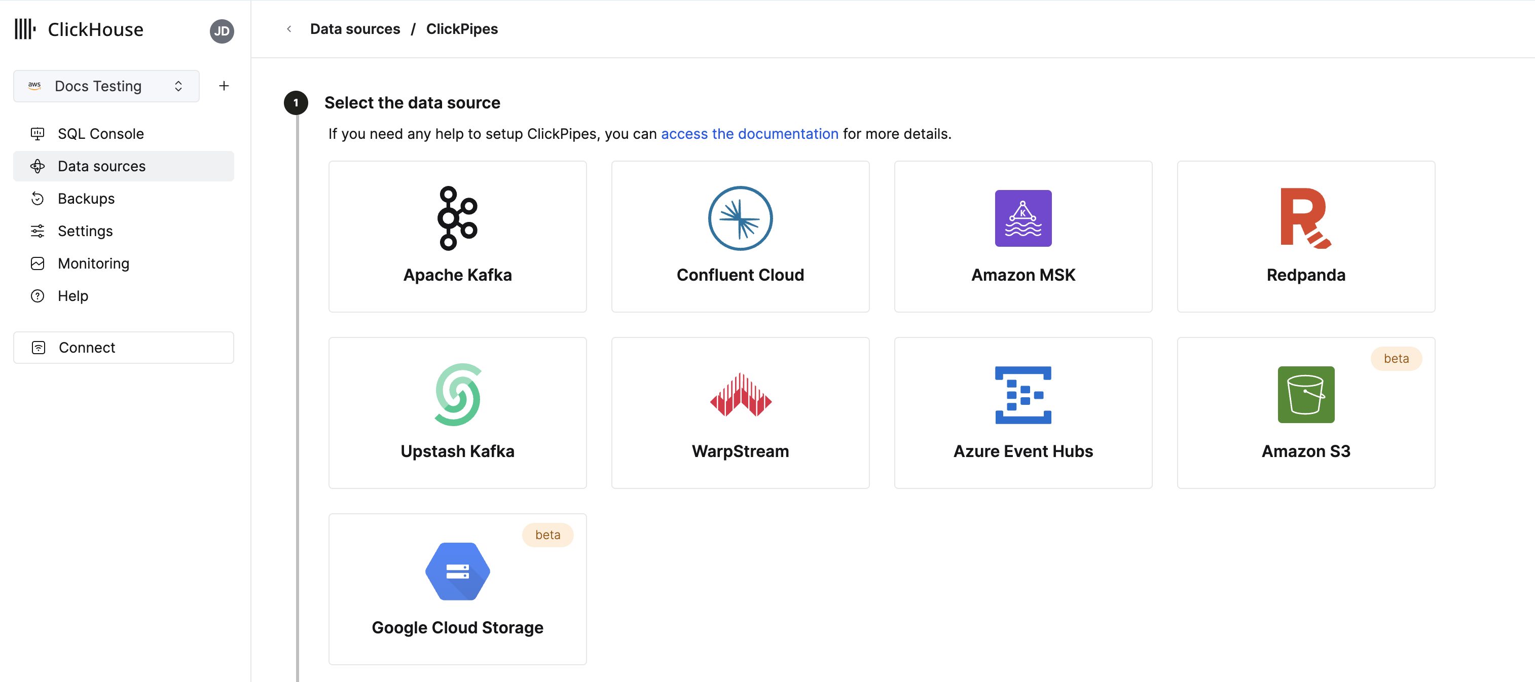 Интерфейс ClickPipes с параметрами конфигурации для загрузки данных из бакетов S3 и GCS