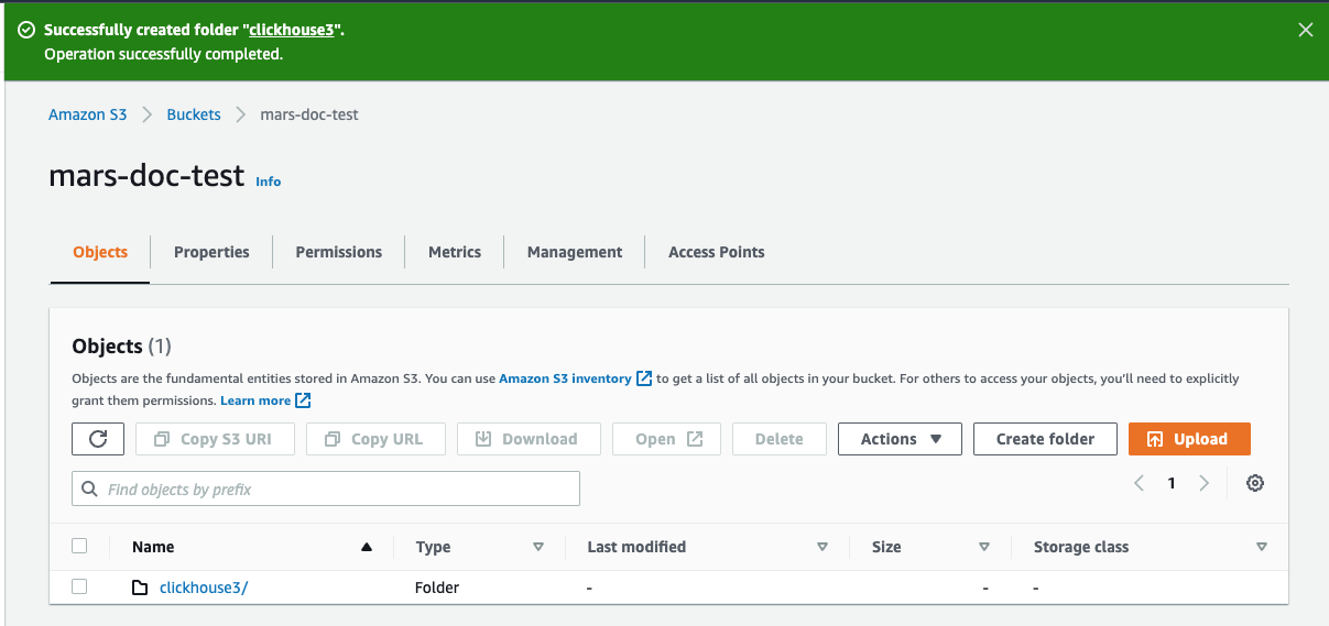Просмотр созданной папки в корзине S3